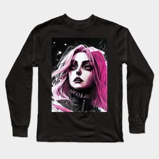 The Art of Minimalism: Exploring Black and White Anime Girl Masterpieces Gothic Goth Fashion Dark Pink Hair Long Sleeve T-Shirt